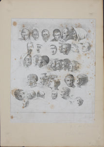J. Brown, after. 37 heads study. Etching by Chevalier Ignace Joseph de Claussin. 1816.