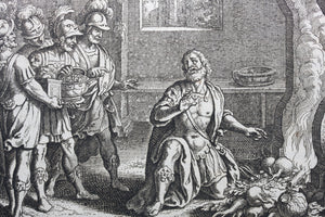Matthaeus Merian. Manius Curius Dentatus refusing wealth in favor of a turnip. Engraving. 1657.