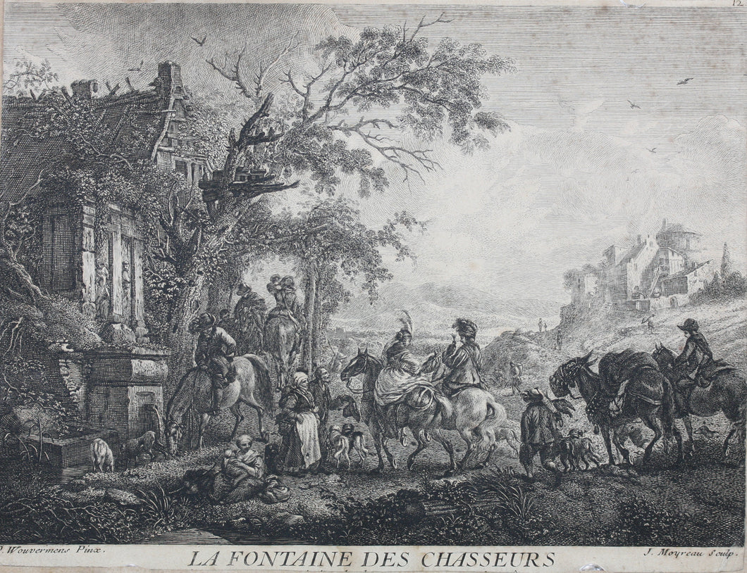 Philips Wouwerman, after. The Fountain of the Hunters. Etching by Jean Moyreau. 1733 - 1734.