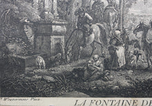 Load image into Gallery viewer, Philips Wouwerman, after. The Fountain of the Hunters. Etching by Jean Moyreau. 1733 - 1734.
