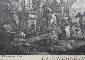 Philips Wouwerman, after. The Fountain of the Hunters. Etching by Jean Moyreau. 1733 - 1734.