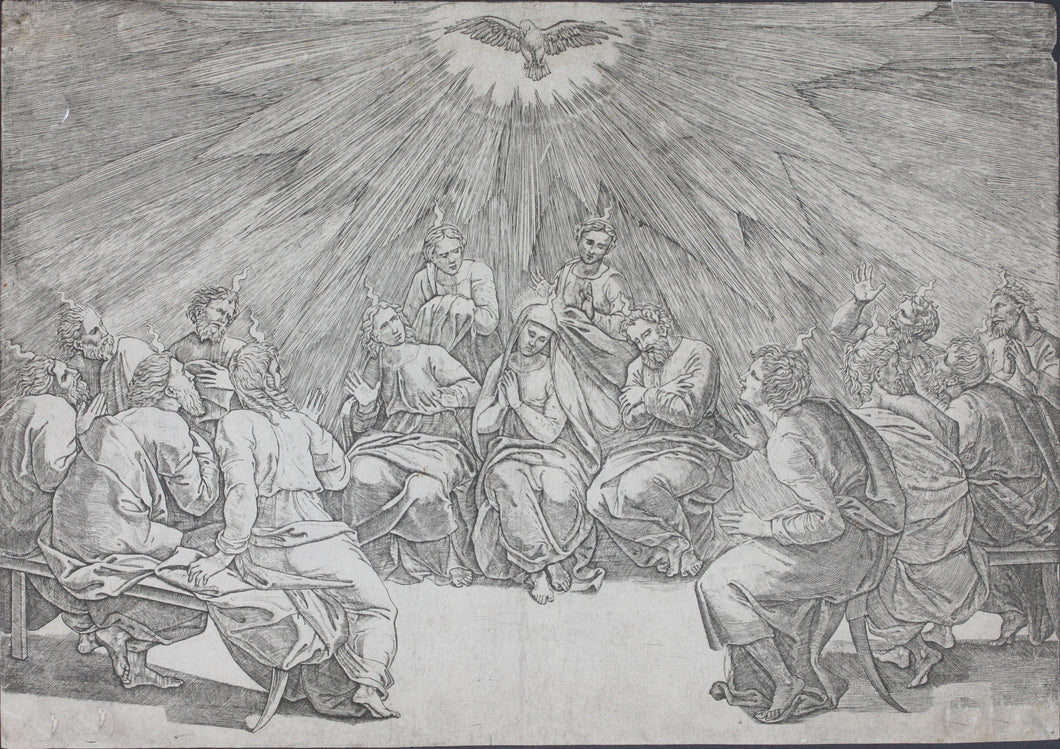 Raphael, after. The Pentecost. Engraving by Jacopo Caraglio. 1520-1539.