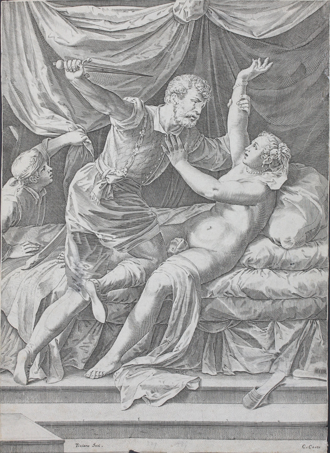Titian, after. Cornelis Cort, after. Tarquin and Lucretia. Engraving. c. 1642 - before 1691.