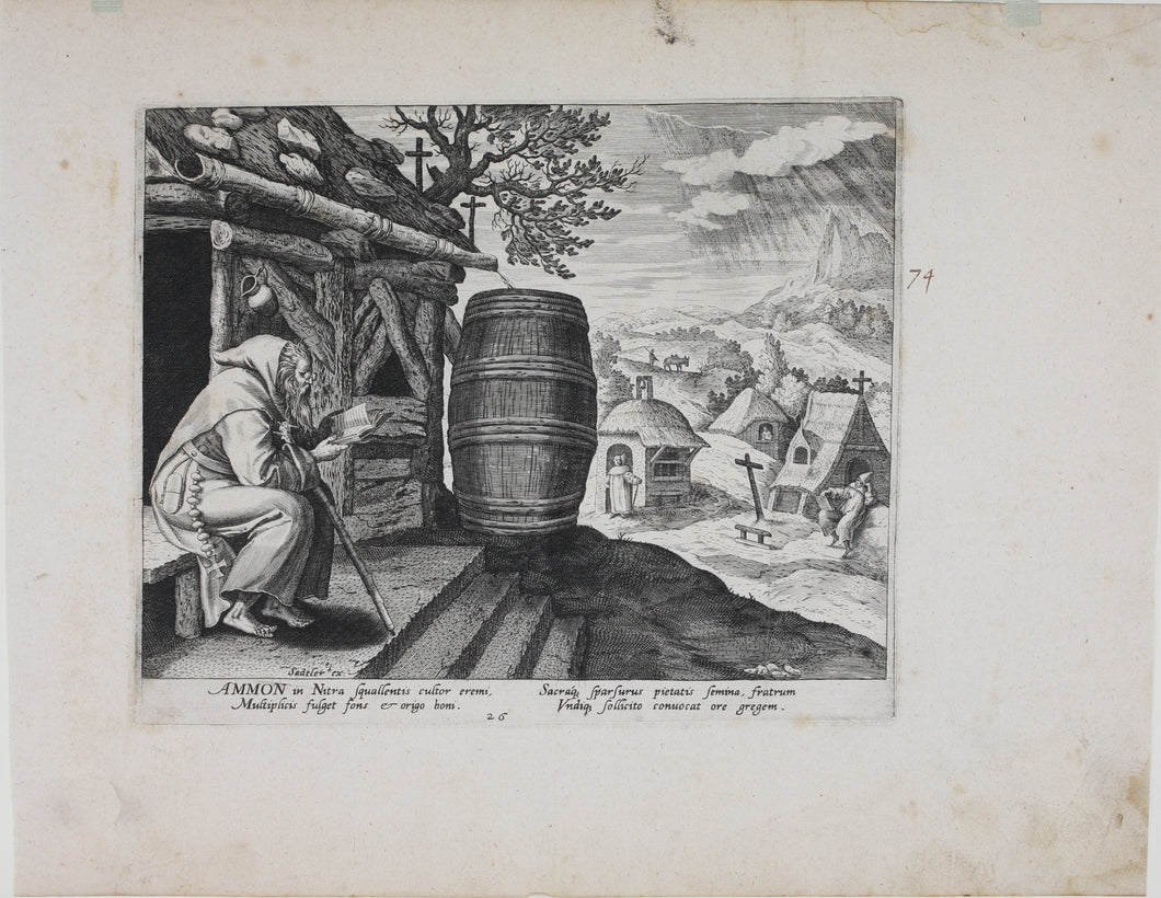 Maarten de Vos, after. 26. Ammon, religious hermit. Etching by Sadeler. Late XVI C.
