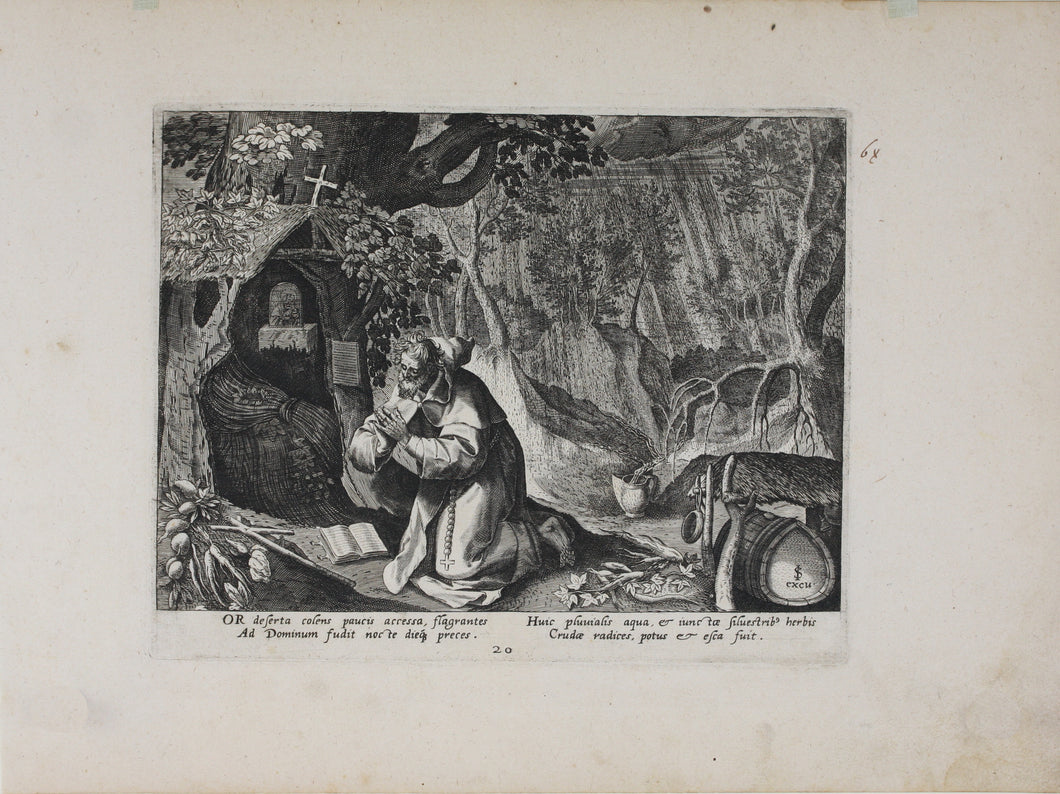 Maarten de Vos, after. 20. Or, religious hermit. Etching by Sadeler. Late XVI C.