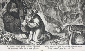 Maarten de Vos, after. 20. Or, religious hermit. Etching by Sadeler. Late XVI C.