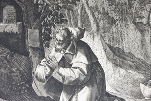 Maarten de Vos, after. 20. Or, religious hermit. Etching by Sadeler. Late XVI C.