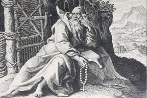 Maarten de Vos, after. 15. Spiridionis, religious hermit. Etching by Sadeler. Late XVI C.