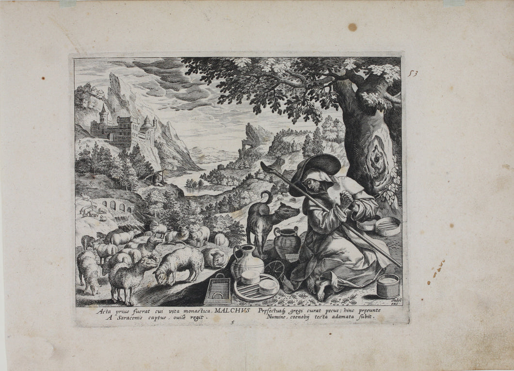 Maarten de Vos, after. 5. Malchus, religious hermit.  Etching by Sadeler. Late XVI C.