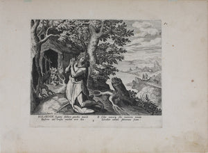 Maarten de Vos, after. 3. Hilarion, religious hermit.  Etching by Sadeler. Late XVI C.