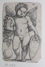 Load image into Gallery viewer, Sebald Beham. Genius holding a coat of arms. Engraving. c.1535.
