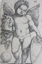 Load image into Gallery viewer, Sebald Beham. Genius holding a coat of arms. Engraving. c.1535.
