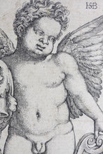 Load image into Gallery viewer, Sebald Beham. Genius holding a coat of arms. Engraving. c.1535.
