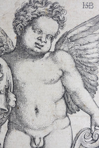 Sebald Beham. Genius holding a coat of arms. Engraving. c.1535.
