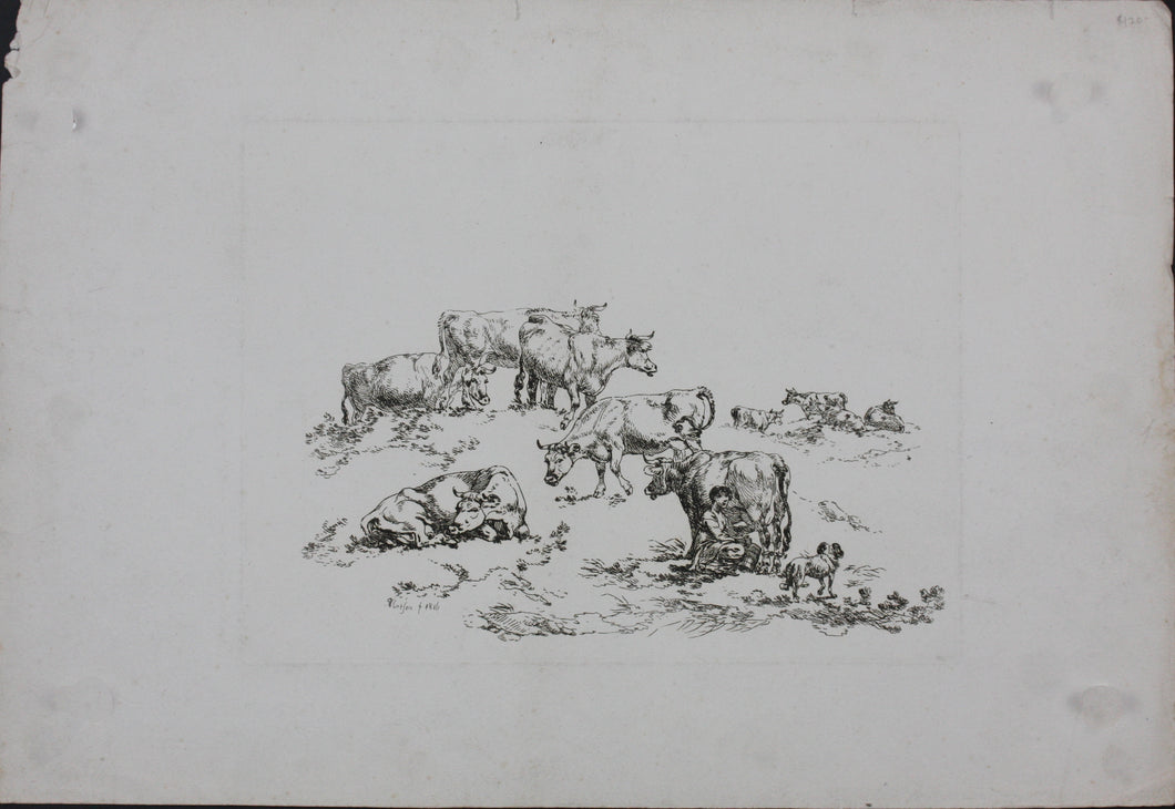 Anton Herzinger. Herd of cows, shepherd, and a dog. Engraving. 1816.