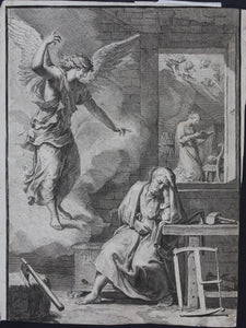 Nicolas Poussin, after. Jacques Stella, after. The dream of St Joseph. Engraving and etching by Francesco Polanzani. 1715-1756.