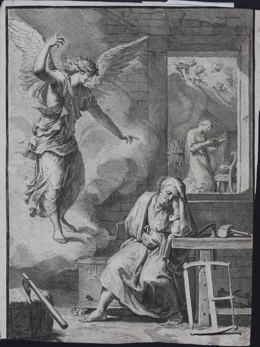 Nicolas Poussin, after. Jacques Stella, after. The dream of St Joseph. Engraving and etching by Francesco Polanzani. 1715-1756.