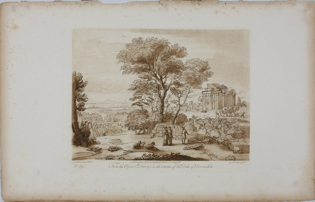 Claude Lorrain, after. Landscape with Jacob, Rachel and Leah at the Well. Etching by Richard Earlom. 1776.