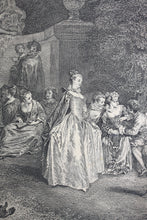 Load image into Gallery viewer, Antoine Watteau, after. Venetian festivals. Engraving by Laurent Cars. 1732.
