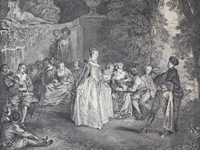 Load image into Gallery viewer, Antoine Watteau, after. Venetian festivals. Engraving by Laurent Cars. 1732.
