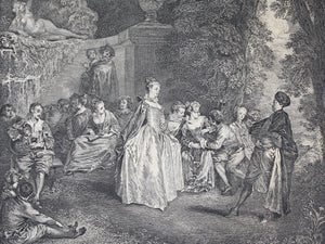 Antoine Watteau, after. Venetian festivals. Engraving by Laurent Cars. 1732.