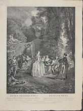 Load image into Gallery viewer, Antoine Watteau, after. Venetian festivals. Engraving by Laurent Cars. 1732.
