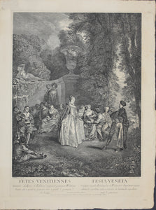 Antoine Watteau, after. Venetian festivals. Engraving by Laurent Cars. 1732.