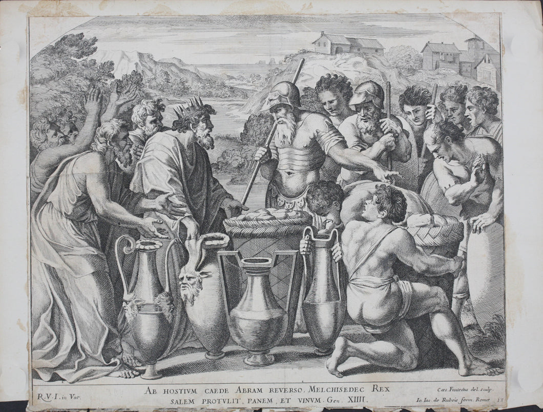 Raphael, after. Melchizedek offering bread and wine to Abraham. Engraving by Cesare Fantetti. 1675.