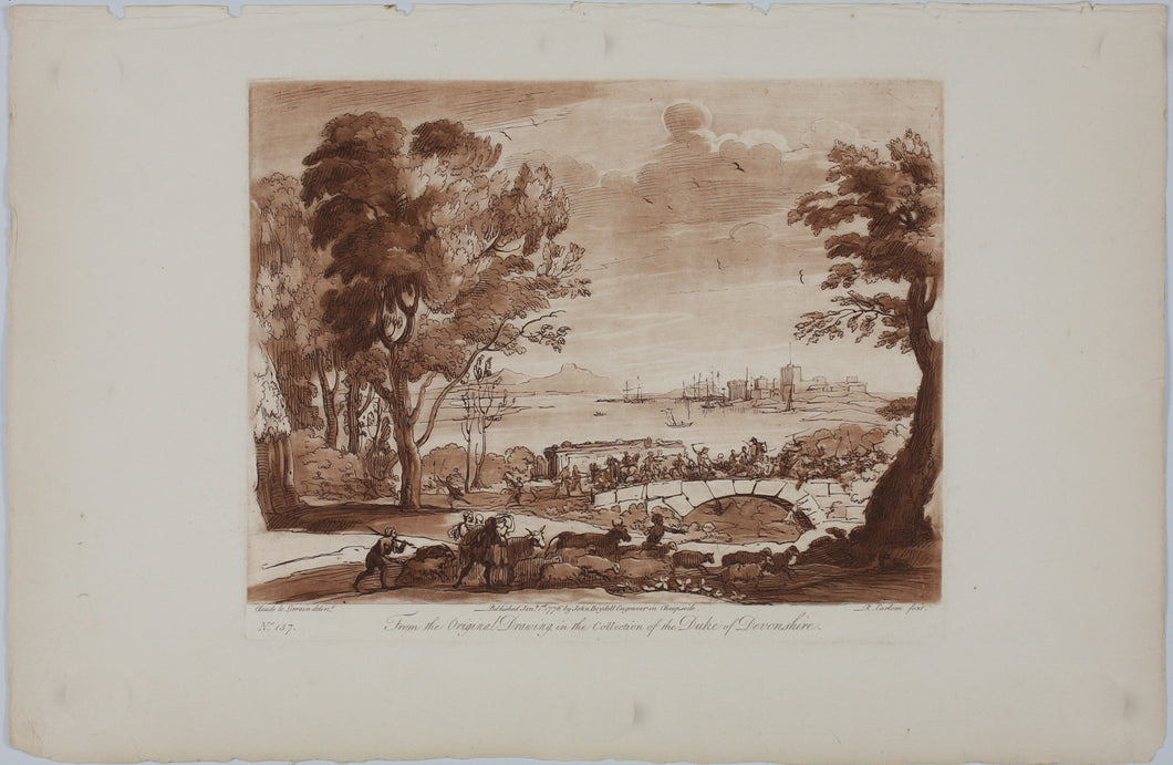 Claude Lorrain, after. Coast Scene with the Battle on the Bridge. Etching by Richard Earlom. 1776.
