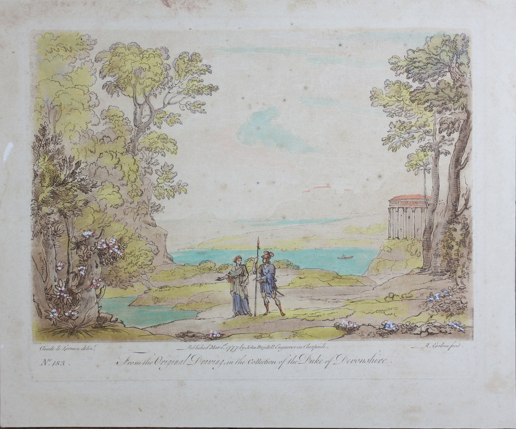 Claude Lorrain, after. The Cumaean Sibyl conducting Aeneas to the infernal Shades. Etching by Richard Earlom. Hand-colored. 1777.