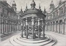 Load image into Gallery viewer, Hans Vredeman de Vries, after. Courtyard with a round fountain. Etching by Johannes of Lucas van Doetechum. c. 1600.
