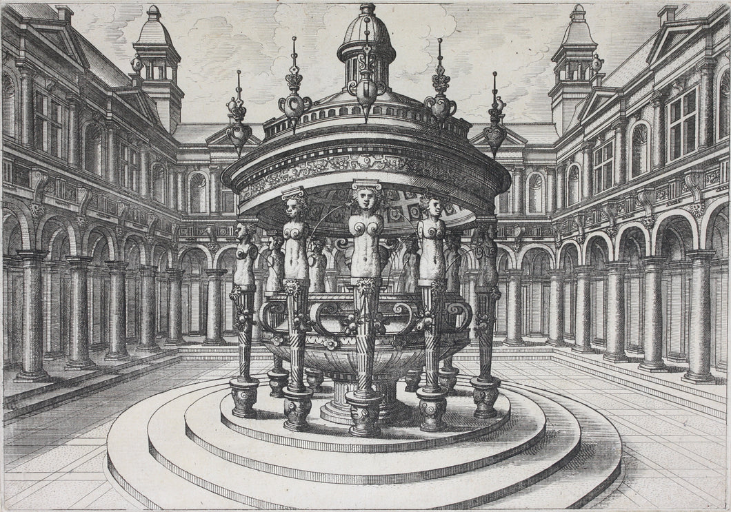 Hans Vredeman de Vries, after. Courtyard with a round fountain. Etching by Johannes of Lucas van Doetechum. c. 1600.
