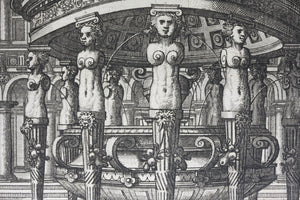 Hans Vredeman de Vries, after. Courtyard with a round fountain. Etching by Johannes of Lucas van Doetechum. c. 1600.