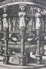 Load image into Gallery viewer, Hans Vredeman de Vries, after. Courtyard with a round fountain. Etching by Johannes of Lucas van Doetechum. c. 1600.
