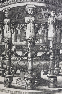Hans Vredeman de Vries, after. Courtyard with a round fountain. Etching by Johannes of Lucas van Doetechum. c. 1600.