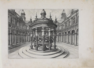 Hans Vredeman de Vries, after. Courtyard with a round fountain. Etching by Johannes of Lucas van Doetechum. c. 1600.
