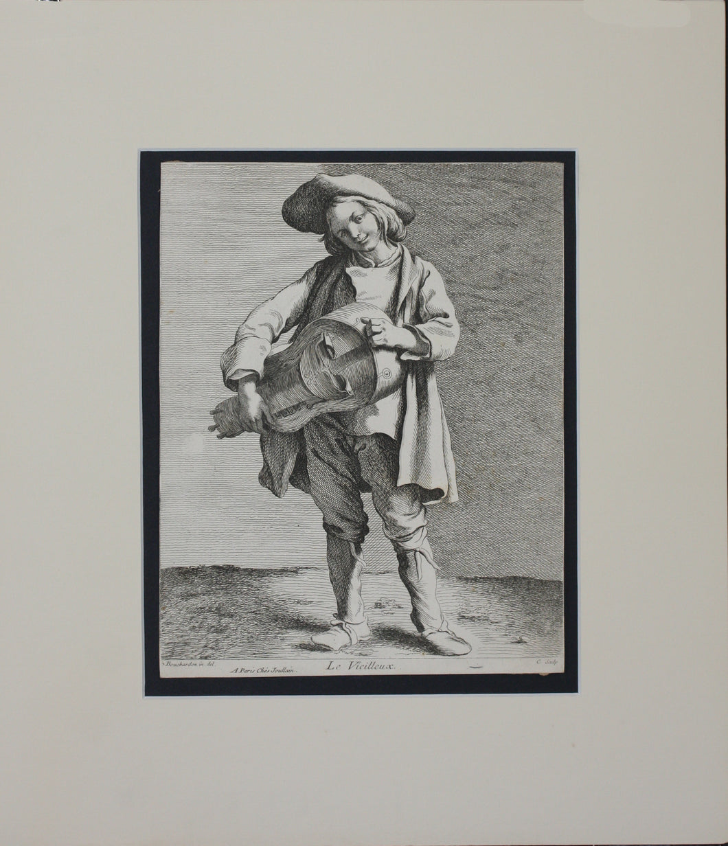 Edme Bouchardon, after.  The Hurdy-gurdy Player.  Etching by Anne Claude de Caylus. 1742.