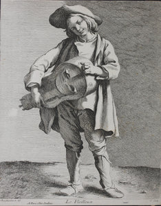Edme Bouchardon, after.  The Hurdy-gurdy Player.  Etching by Anne Claude de Caylus. 1742.