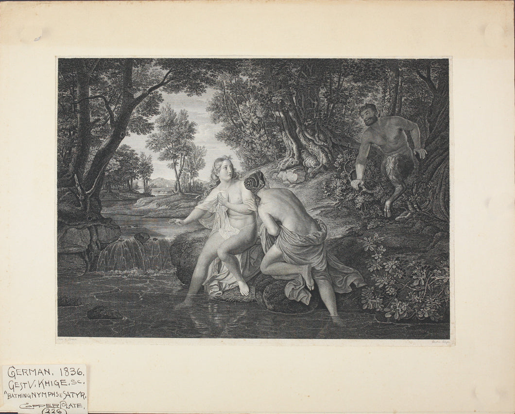 ﻿Benno Friedrich Törmer, after. Two bathing nymphs surprised by a satyr. Engraving by Moritz Edwin Kluge. 1836.