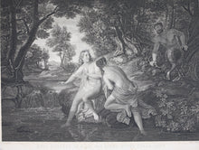 Load image into Gallery viewer, ﻿Benno Friedrich Törmer, after. Two bathing nymphs surprised by a satyr. Engraving by Moritz Edwin Kluge. 1836.
