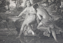 Load image into Gallery viewer, ﻿Benno Friedrich Törmer, after. Two bathing nymphs surprised by a satyr. Engraving by Moritz Edwin Kluge. 1836.
