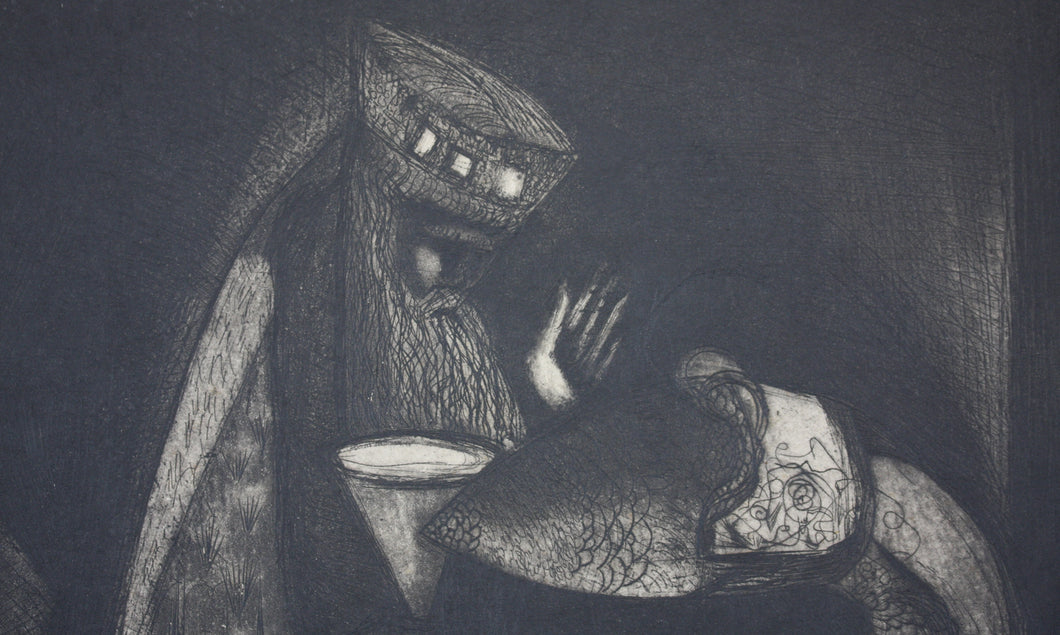 Clayton V. Fowler. King Melchizedek and Abraham. intaglio print. 1948.