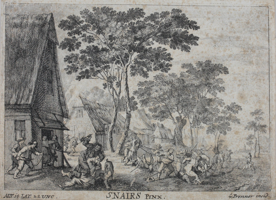 Pieter Snayers, after. A Village Scene with Peasants Fighting. etching Anton Joseph Prenner