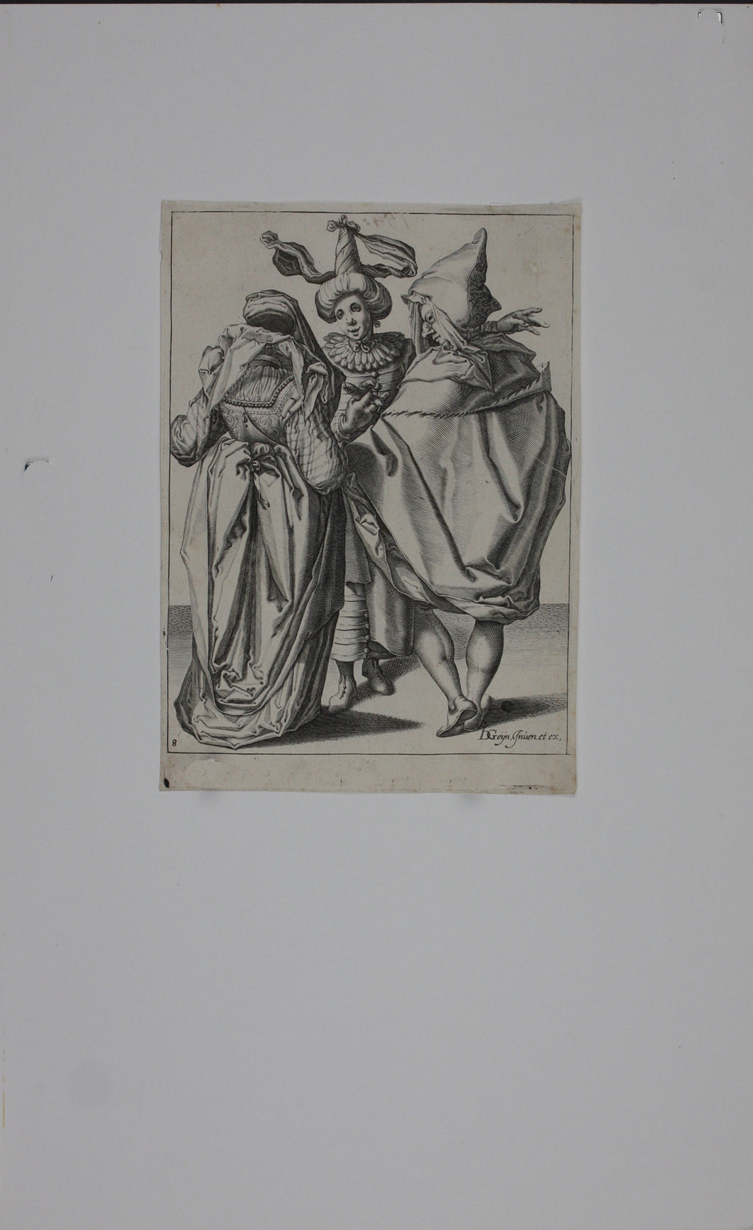 Jacques de Gheyn II. A Woman Dressed Festively, A Man In A Cape And A Masked Man. Engraving. 1595-1596.