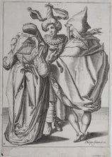 Load image into Gallery viewer, Jacques de Gheyn II. A Woman Dressed Festively, A Man In A Cape And A Masked Man. Engraving. 1595-1596.
