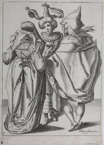 Jacques de Gheyn II. A Woman Dressed Festively, A Man In A Cape And A Masked Man. Engraving. 1595-1596.
