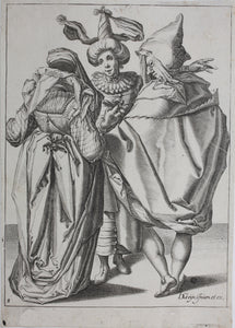 Jacques de Gheyn II. A Woman Dressed Festively, A Man In A Cape And A Masked Man. Engraving. 1595-1596.