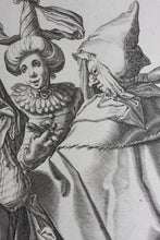Load image into Gallery viewer, Jacques de Gheyn II. A Woman Dressed Festively, A Man In A Cape And A Masked Man. Engraving. 1595-1596.
