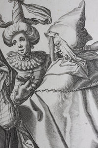 Jacques de Gheyn II. A Woman Dressed Festively, A Man In A Cape And A Masked Man. Engraving. 1595-1596.