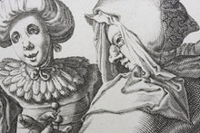 Load image into Gallery viewer, Jacques de Gheyn II. A Woman Dressed Festively, A Man In A Cape And A Masked Man. Engraving. 1595-1596.
